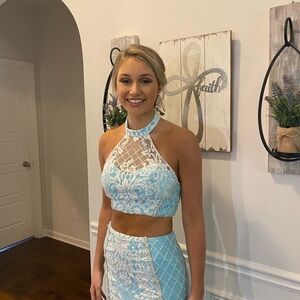 Rachel Allan Blue Halter Sleeveless Prom Dress